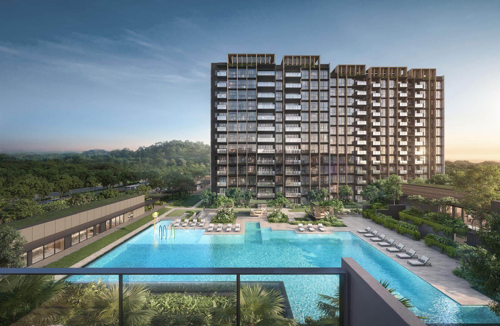 Narra Residences, a premier Singapore new launch condo 2026 located in Dairy Farm Walk, District 23. The architectural rendering highlights resort-style living with a large cross-shaped swimming pool, modern residential towers with bronze louvers, and lush green views of the surrounding forest near Bukit Timah Nature Reserve.