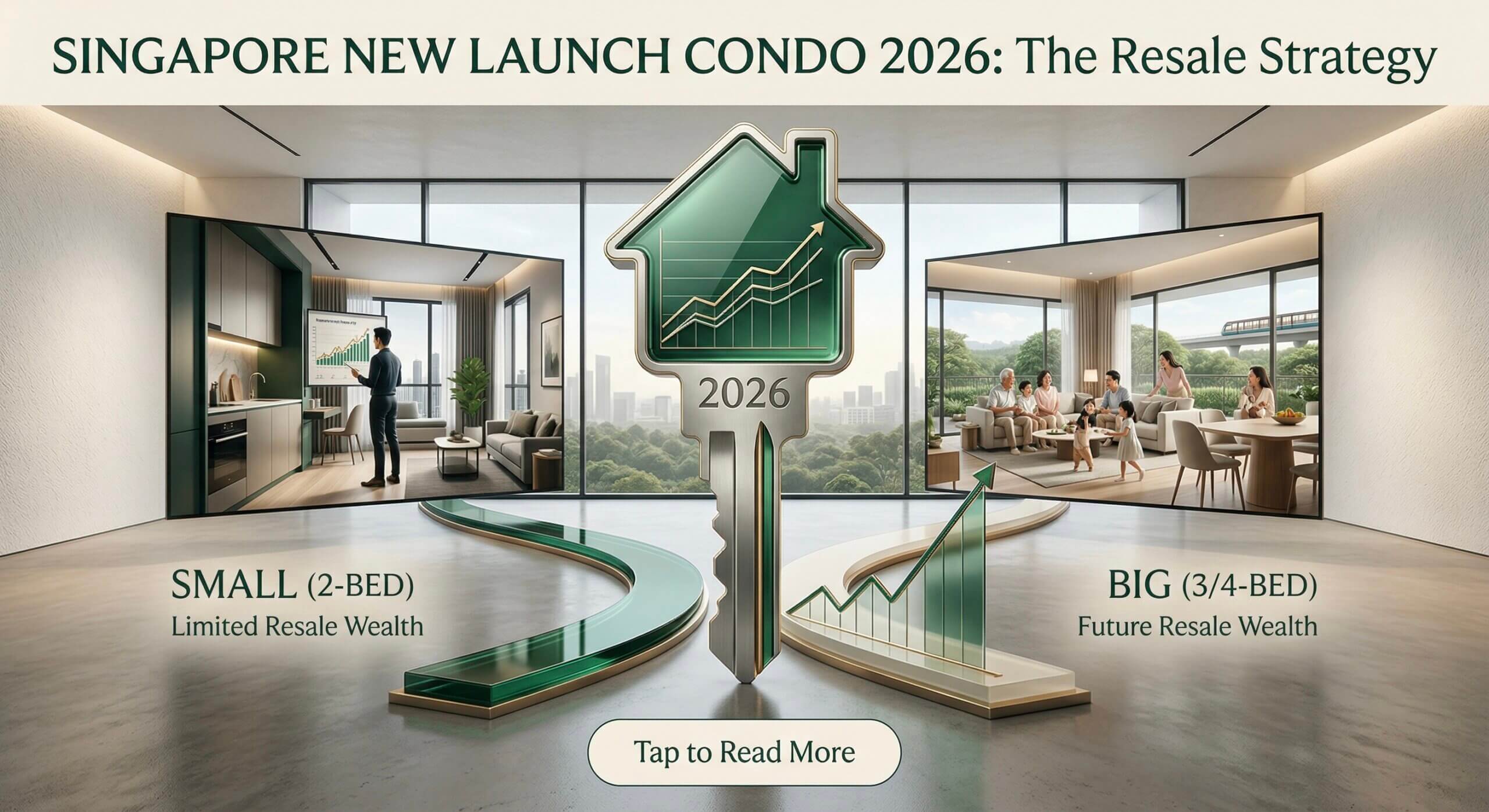 Singapore new launch condo 2026 resale strategy feature image comparing small 2-bedroom units with limited growth versus large 3 and 4-bedroom units with high resale wealth potential, featuring 2026 house key and growth charts.