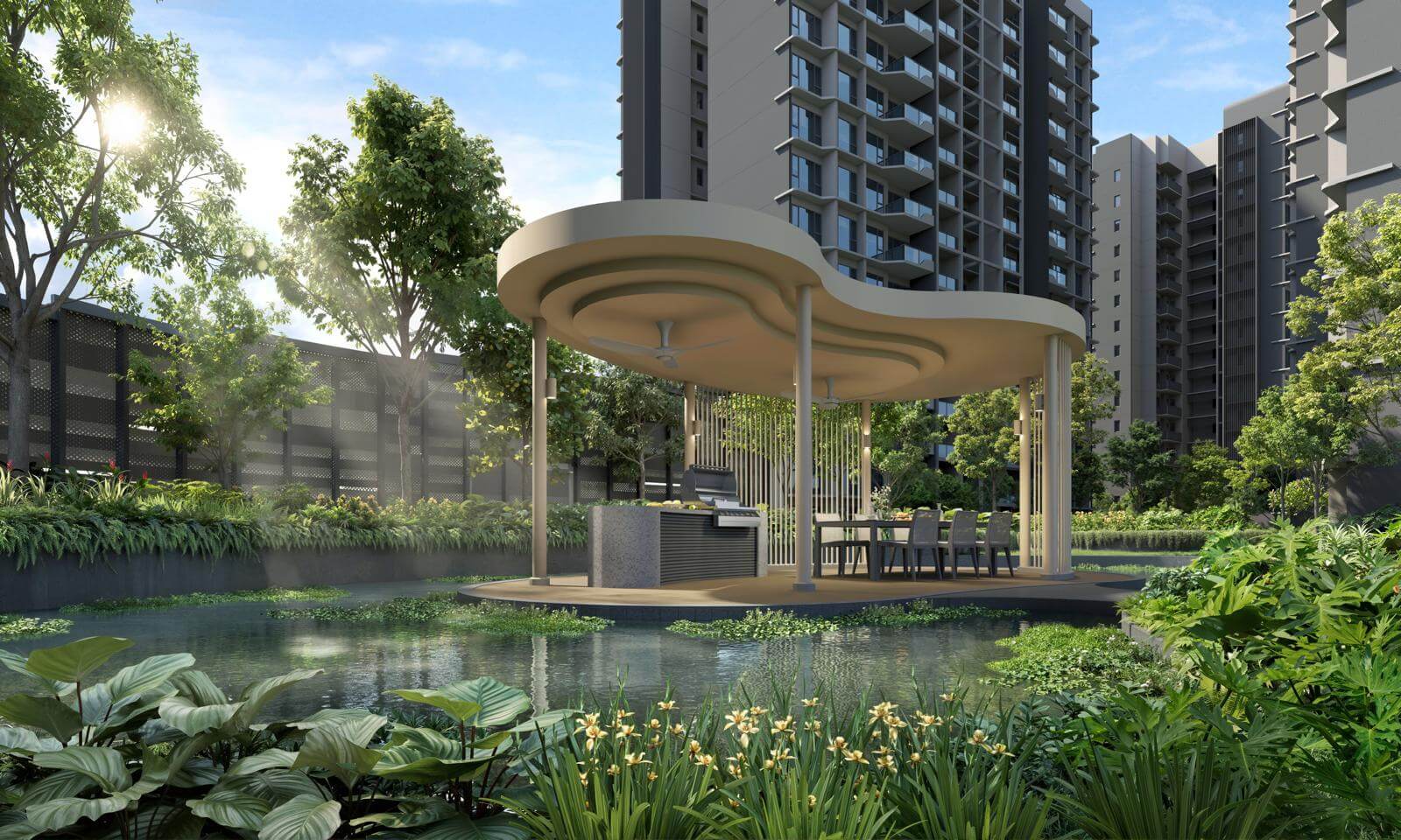 Tengah Garden Residences, the first private Singapore new launch condo 2026 in the Tengah Forest Town. The artist's impression showcases a modern, wave-roofed BBQ pavilion and alfresco dining area set within a tranquil water feature and lush green gardens, with the high-rise residential blocks of District 24 and the Jurong Region Line precinct in the background.