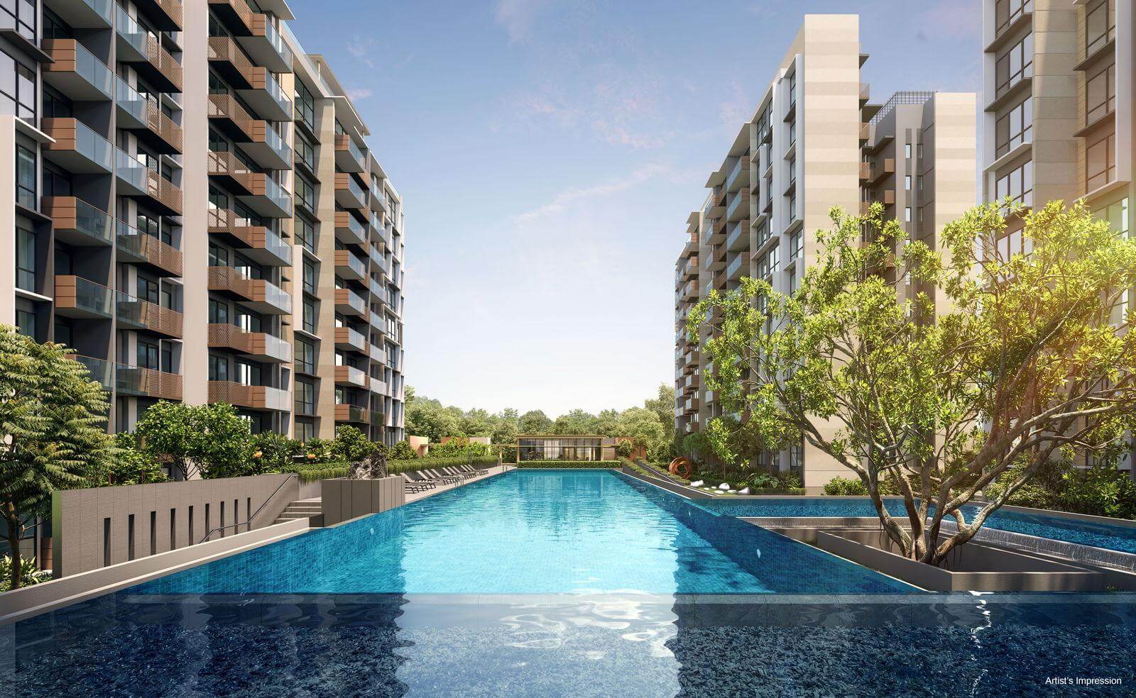 The Sen, a premium Singapore new launch condo 2026 located in Upper Bukit Timah, District 21. The artist's impression features a stunning long infinity lap pool centered between modern residential towers with sleek glass balconies and lush tropical landscaping, highlighting its luxury appeal and resale potential near Beauty World.