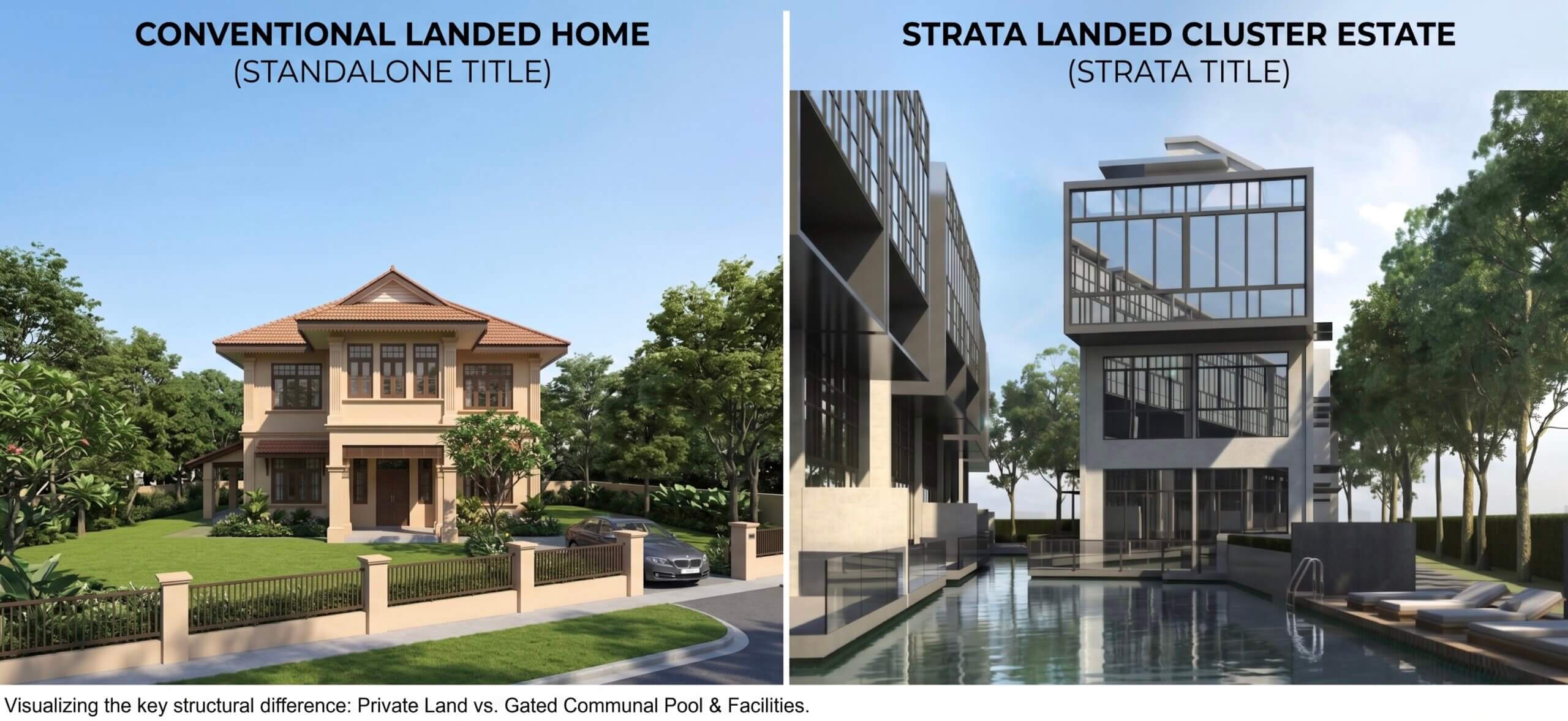 Side by side comparison of conventional landed home with standalone title versus strata landed cluster estate with strata title in Singapore