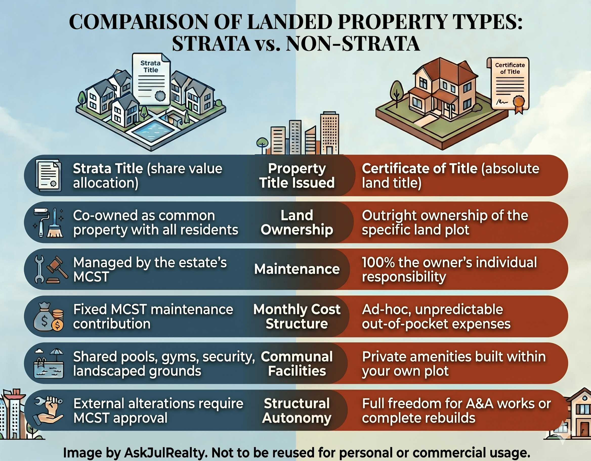Infographic comparing strata landed versus non-strata landed property in Singapore across title type, land ownership, maintenance, monthly costs, facilities and structural autonomy