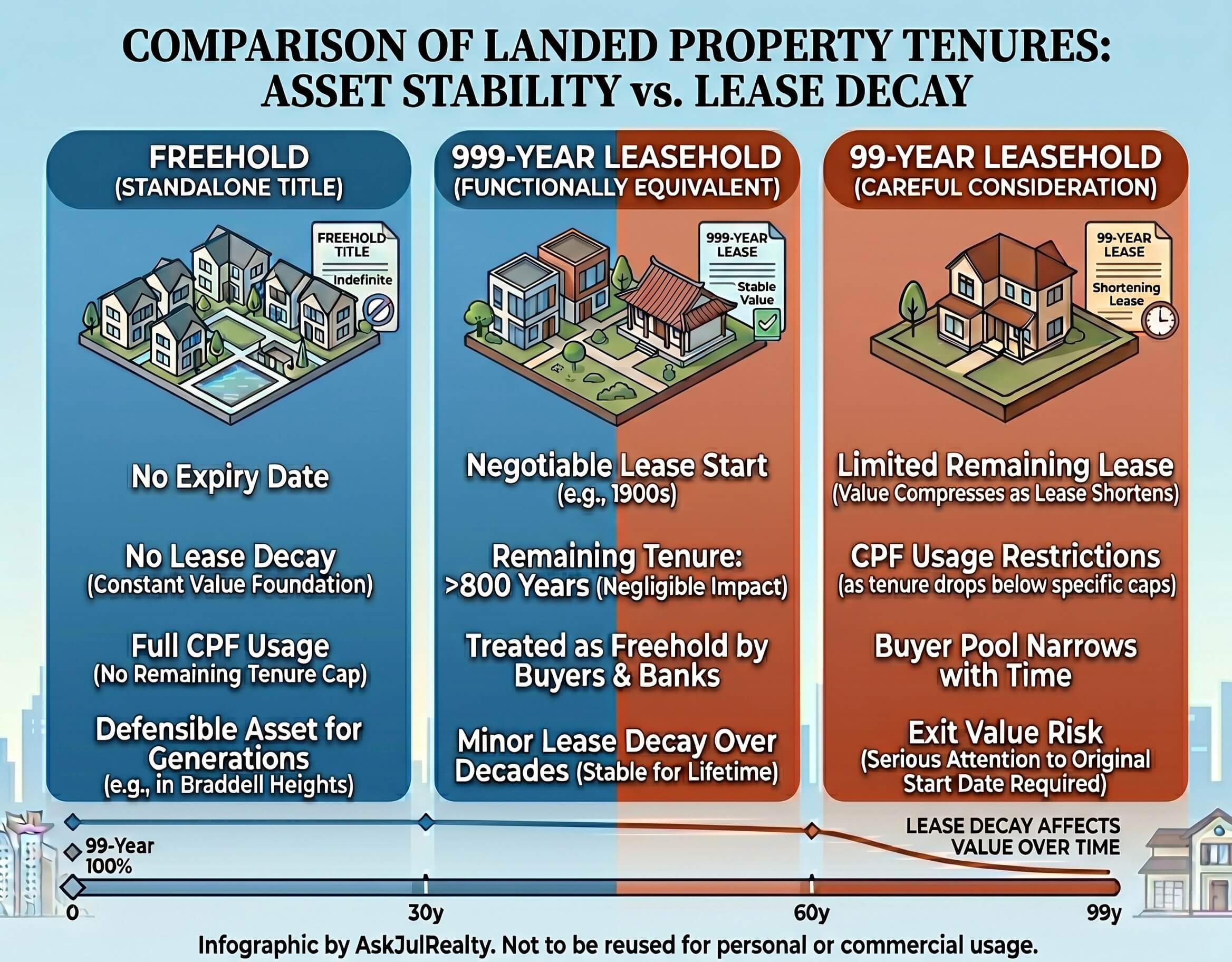Infographic comparing freehold, 999-year leasehold and 99-year leasehold landed property tenures in Singapore showing asset stability versus lease decay over time