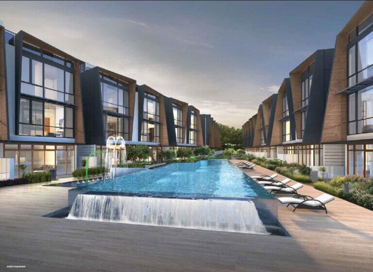 Strata landed cluster houses in Singapore with shared lap pool and landscaped communal grounds