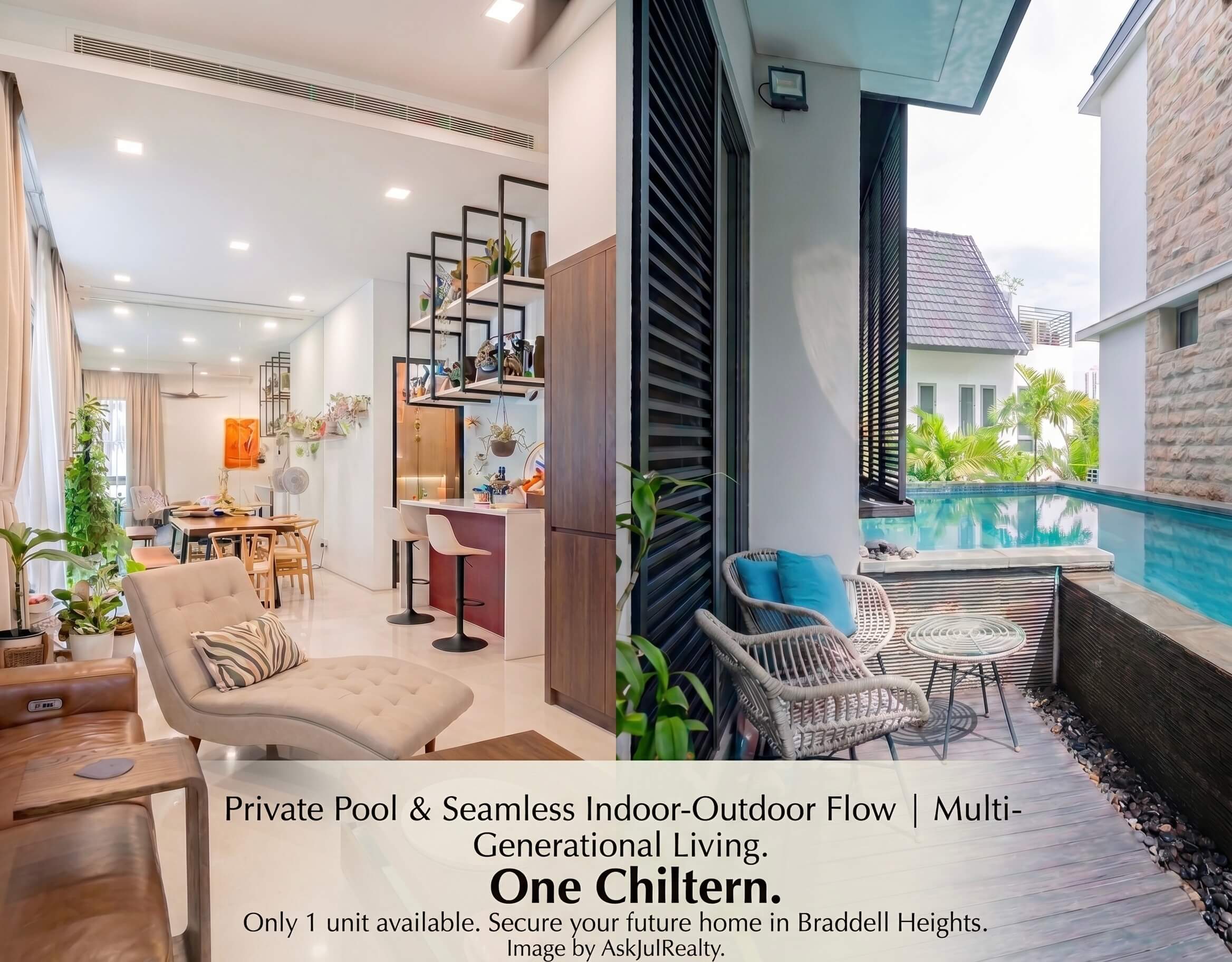 One Chiltern strata landed cluster house for sale in Braddell Heights District 13 Singapore showing interior living space and private pool