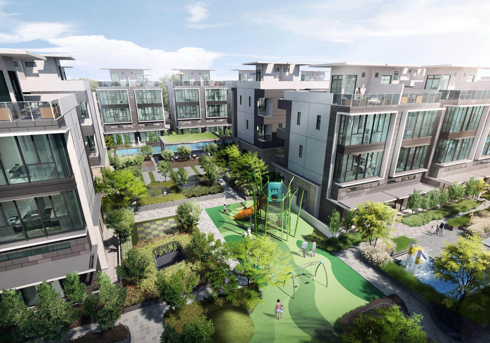 Aerial view of strata landed cluster estate in Singapore showing MCST managed shared amenities including playground, landscaped gardens and communal pool